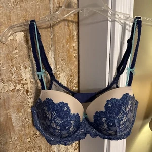 Victorias Secret Women’s 36D Blue Beige Aqua Lace Double Strap Bow Underwire Bra - Picture 1 of 5