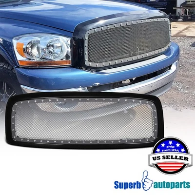 For 2002-2005 Dodge Ram 1500 2500 Mesh Rivet Polished Glossy Black Hood Grille Foto 1 de 4