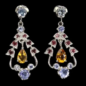 925 Orecchini Argento Sterling Pera Citrino Acquamarina Tanzanite Gemma Gioielli - Foto 1 di 13
