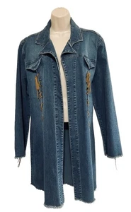 LA blues stretch jean jacket XL open front long sleeve suede braiding fringe hem - Picture 1 of 9