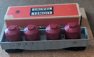 LIONEL O GAUGE NEW YORK CENTRAL NYC LONG GONDOLA 6-6260 W/4 RED CANISTERS  - Picture 1 of 15