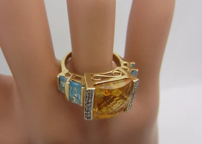 14K Gelbgold Quadrat Schachbrett Citrin Blau Topas Diamant Ring 12 Karat Tw - Bild 1 von 4