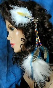 Vintage HAIR COMB accessory GLASS BEADS feathers SILVER CONCH Western 12" long