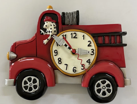 Whimsical Allen Designs Wall Clock Dalmatian in Red Firetruck Battery Operated Cover