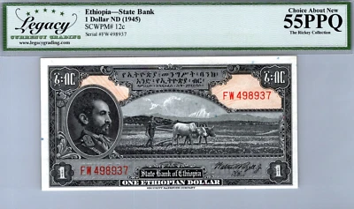 Ethiopia 1 Dollar 1945 LEGACY 55 PPQ CHOICE AU Pick # 12c - Image 1 of 3