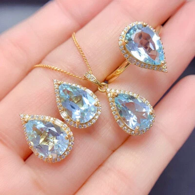 Xmas Set Teardrop 3pcs Light Blue Topaz Gems Yellow Gold Pendant Earrings Rings  - Image 1 of 4