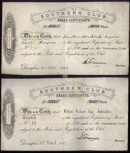 1892-95 DUMFRIES, Southern Club,  Two Shares of £10- Each - Picture 1 of 1
