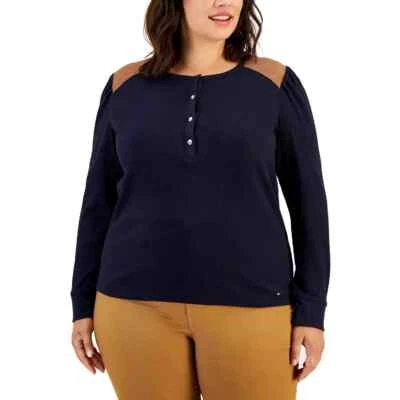 Top Henley térmico tejido gofre Tommy Hilfiger para mujer Plus OX, azul marino Foto 1 de 4