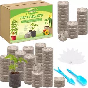 100 Peat Pellets Seed Starter Pods with Labels & Garden Tools for Seedlings - Picture 1 of 12