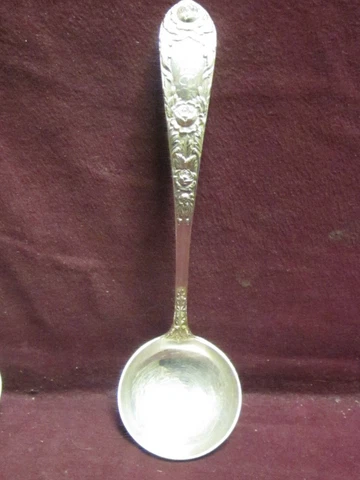 Sterling S Kirk & Son  ROSE GRAVY LADLE  7" 70g  Monogram  Gothic  E Cover