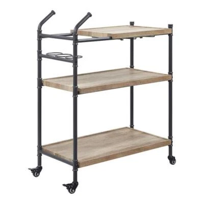 ACME Brantley Serving Cart with 3 Wooden Shelves in Oak and Sandy Black - Image 1 of 4