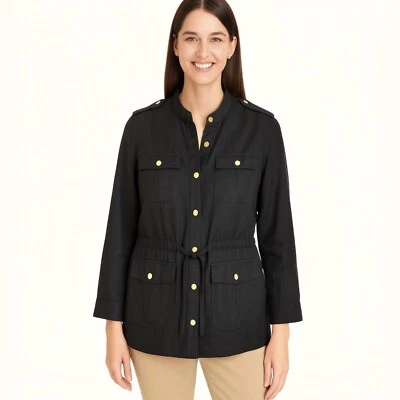 Chicos Linen Utility Jacket SZ 2 Large 12 Black Resort Business Safari Military - Image 1 of 4