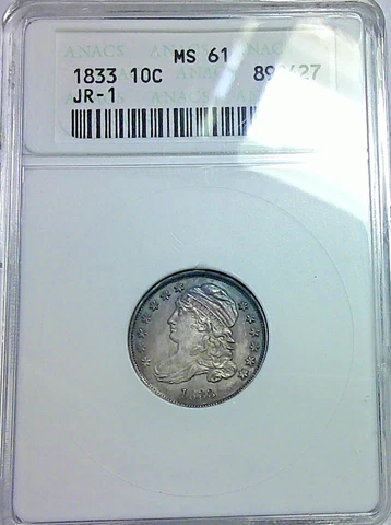 1833 CAPPED BUST 10c JR-1 ANACS MS 61 DEEP ORIGINAL SKIN IN OLD SMALL HOLDER Cover