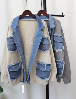 Nuevo Abrigo Suéter Denim Patchwork Para Mujer Suelto Informal Prendas de Punto Moda Cárdigan Foto 1 de 4