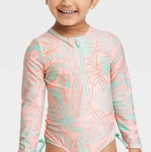 Cat & Jack One Piece Long Sleeve Pink Aqua Bathing Suit Tropical Leaf 2T NEW - Picture 1 of 2