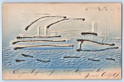 1907 NY Fire Boat At Drill Jersey City New Jersey NJ Airbrushed Glitter Postcard - Image 1 of 2