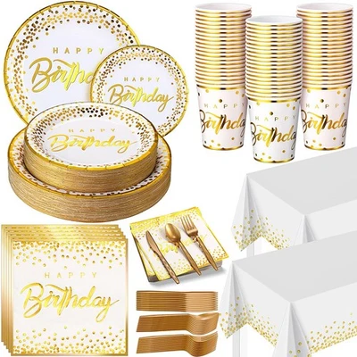352 Piezas Suministros de Fiesta Blanco y Dorado Punto Dorado Platos de Plástico Tazas Servilletas Ta... Foto 1 de 4