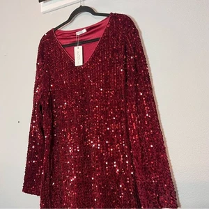 Rotes Pailletten V-Ausschnitt Kleid Größe 22 W Langarm Midi Neu mit Etikett Party Cocktail - Bild 1 von 10