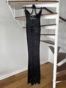 Oh Polly Audrey Gown Maxi Dress Black Embellished Uk 4 Halterneck Bodycon Sheer - Picture 1 of 10