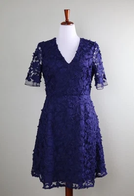 ADRIANNA PAPELL $160 Blue Embroidered Fringe Lace A-Line Dress Size 10 - Image 1 of 4