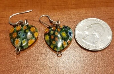 Sterling silver earrings, milano glass bead, green color, heart shape, handmade  - Изображение 1 из 2
