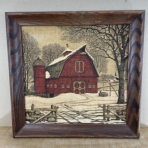KayDee 100% Pure Linen 16x16 Wood Framed Winter Scene Red Barn Print - Picture 1 of 6