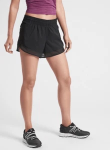 Athleta Black Mesh Racer Run 4” Shorts Size Medium Lightweight Lined Gym Running - Picture 1 of 5