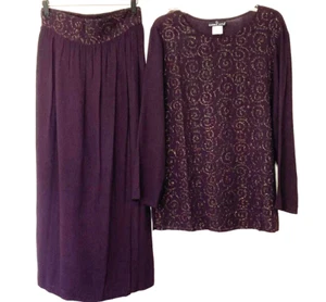 VINTAGE CAROLE LITTLE EGGPLANT PURPLE TOP & SKIRT SET, GOLD EMBROIDERY, SIZE 10 - Picture 1 of 4