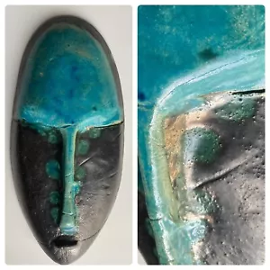 Vintage Raku Studio Kunstkeramik Ton Gesichtsmaske Lyon 730 türkis blau schwarz - Bild 1 von 14