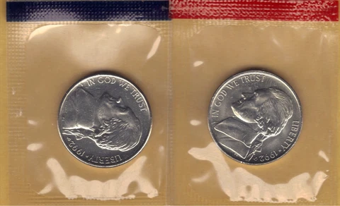 1992-P&D UNCIRCULATED BU JEFFERSON NICKELS IN MINT SET CELLO (2 coins) Cover