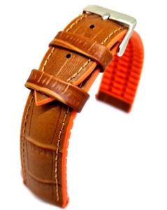 Wrist Watch Band 22mm Uhrband Rubber + Leather Crocodile Embossing Tan Orange - Imagen 1 de 7