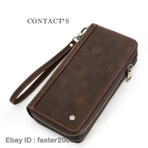 Herren 100 % echtes Crazy Horse Leder Clutch lange Handtasche Reißverschluss Geldbörse Vintage - Bild 1 von 12