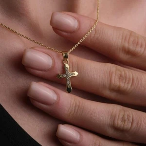0.10CT Lab Created Diamond Cross Women's Gift Pendent Chain 14k Yellow Gold Over - Picture 1 of 6