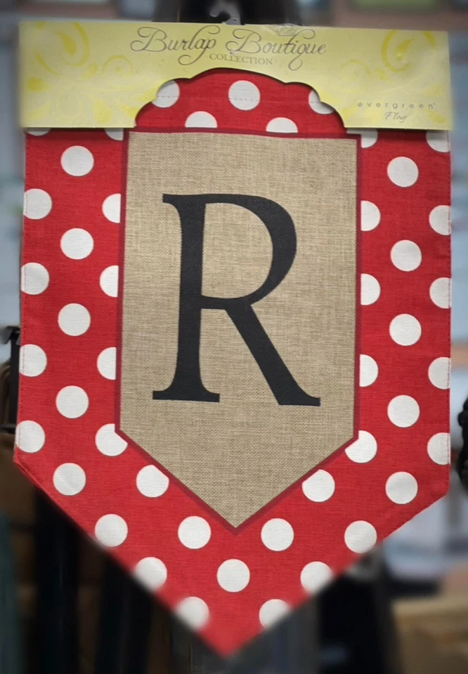 Evergreen Burlap Polka-dot Welcome Monogram R Garden Flag 12.5 X 18 Inches