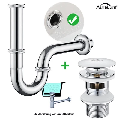AURALUM Sifon Siphon Pop Up Ablaufventil Waschbecken Ablaufgarnitur mit Überlauf Abfluss