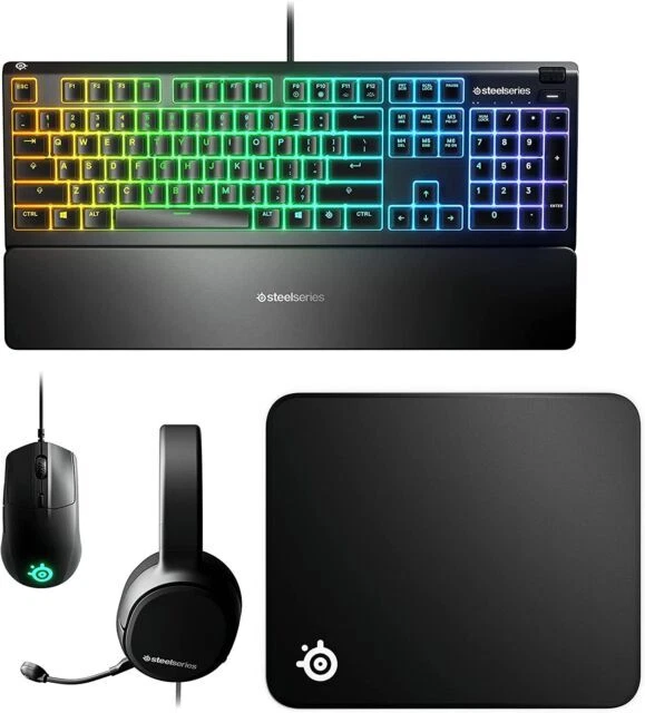 SteelSeries Premier Gaming Bundle: Arctis 1 Headset, Apex 3 Keyboard, Rival 3 Mouse and QcK M Pad - Black (207-00-0725)