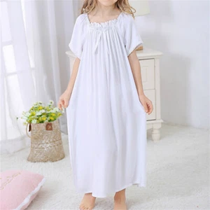 Girls Cotton Nightdress Lace Pajamas Short Sleeve Sleepwear Nightgown Home Dress - Picture 1 of 9