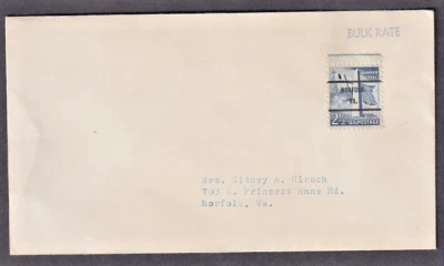 UNUSED US #1034 BUNKER HILL PRECANCELLED NORFOLK VA ON COVER - Image 1 of 2