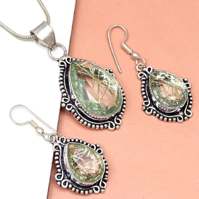 Conjunto de pendientes de oro rutilo joyería 18-20"" colgante cuarzo esterlina Foto 1 de 4