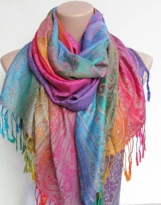 Rainbow Scarf Shawl 70% Pashmina 30% Silk Indian Paisley NEW Luxury Colorful  - Image 1 of 4