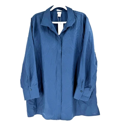 Camisa túnica lisa de satén sin hierro Chicos para mujer 2X botón pizarra oscuro frontal NUEVA Foto 1 de 4