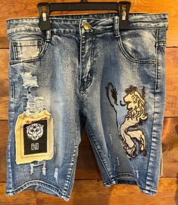 SoSoo Men's Jean Denim Shorts Size 33 Distressed Patches Lion Skater VTG - Picture 1 of 10