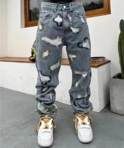 Men's Denim Straight Leg Casual Pants Ripped Holes Trousers Denim Jeans Punk New - Picture 1 of 12