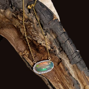 Opal Gemstone Diamond Pave 14K Gold Pendant Necklace Fine Handmade Gift Jewelry - Picture 1 of 6