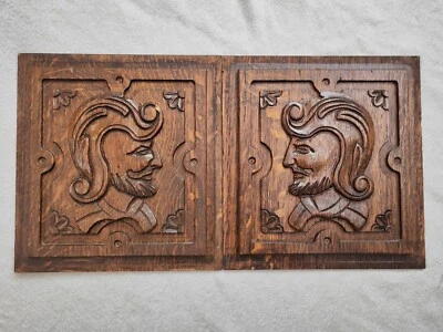 2 Plaques Ornementales Frontons Bois Sculpté profils masculins 26cmx27cm - Photo 1/4