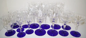 M- 14 Vintage Louie Weston Etched Crystal Assorted Stem Glasses Cobalt Blue Base - Picture 1 of 4