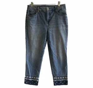 Chicos Denim So Slimming Size 10 Girlfriend Slim Leg Crop Boho Embroidered Cuff - Picture 1 of 7