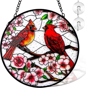 Cardinal Stained Glass Window Hanging, 6 Inch Sun Catcher Glass Panel with Metal - Picture 1 of 12