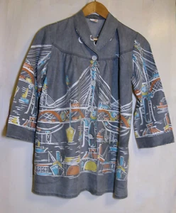 VTG 1950s-60s WayneMaid Novelty Print Faded Smock -Japanese Caricature Scene M/L - Picture 1 of 10
