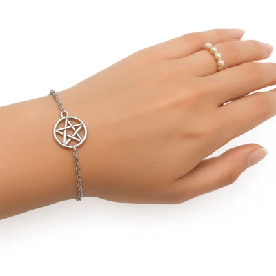 Bracciale con Pentacolo Argento a catena Acciaio inox ciondolo Stella Uomo Donna - Immagine 1 di 4